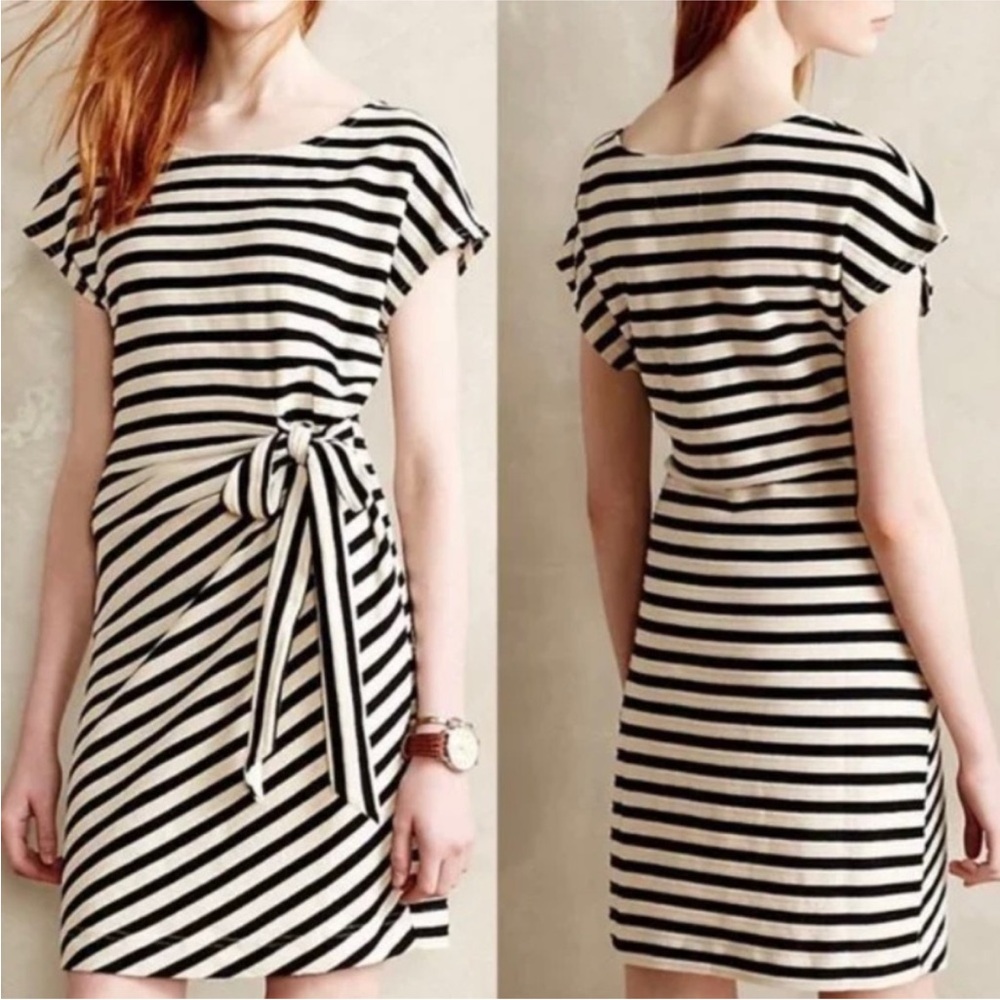 Anthropologie Saturday Sunday Womens Dress small Navy White Stripe Waist Tie